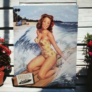 Dukes Dolls Pin Up Girl Surf Club Hawaii Vintage Like Metal Sign
